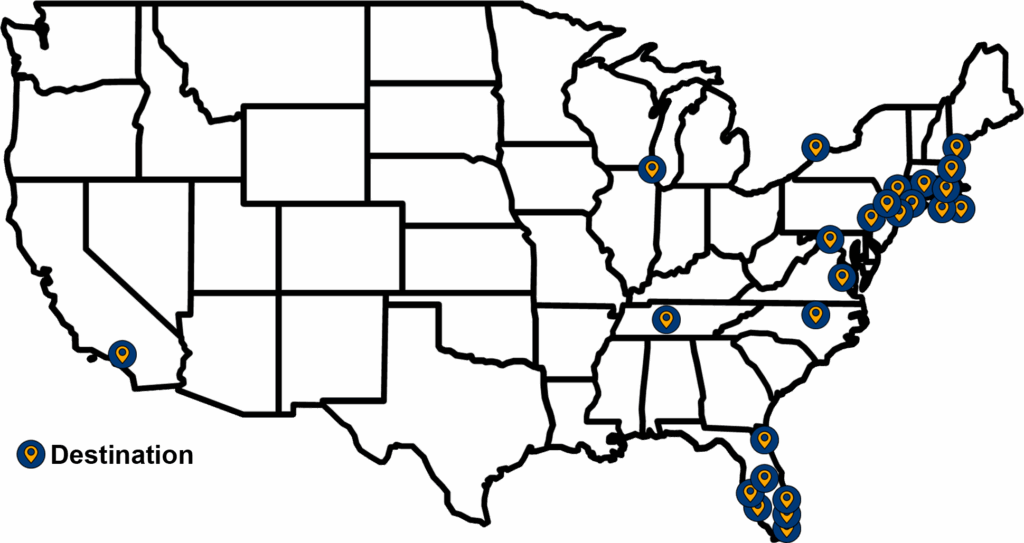 Map of all 25 jetBlue destinations visited during my 25 for 25 challenge, with pins for each city