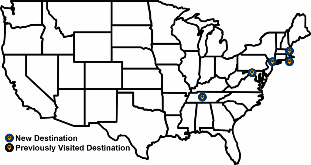 Map of Leg 1 in jetBlue 25 for 25 challenge showing 5 destinations over 2 days