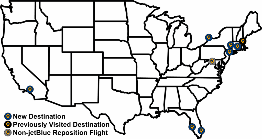 Map of Leg 2 in jetBlue 25 for 25 challenge showing 7 destinations over 3 days