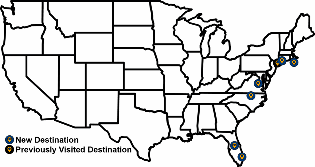 Map of Leg 2 in jetBlue 25 for 25 challenge showing 6 destinations over 3 days