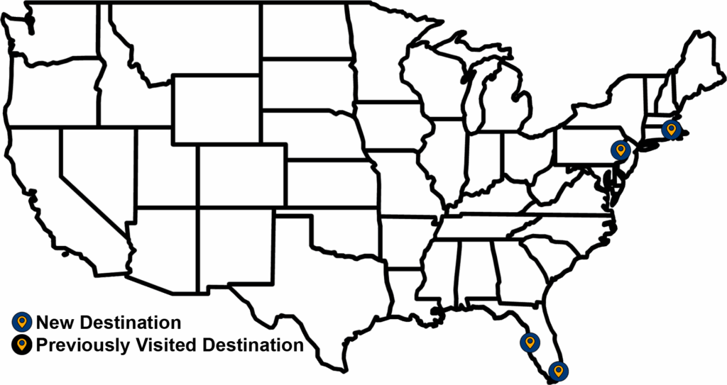 Map of Leg 4 in jetBlue 25 for 25 challenge showing 4 destinations over 3 days