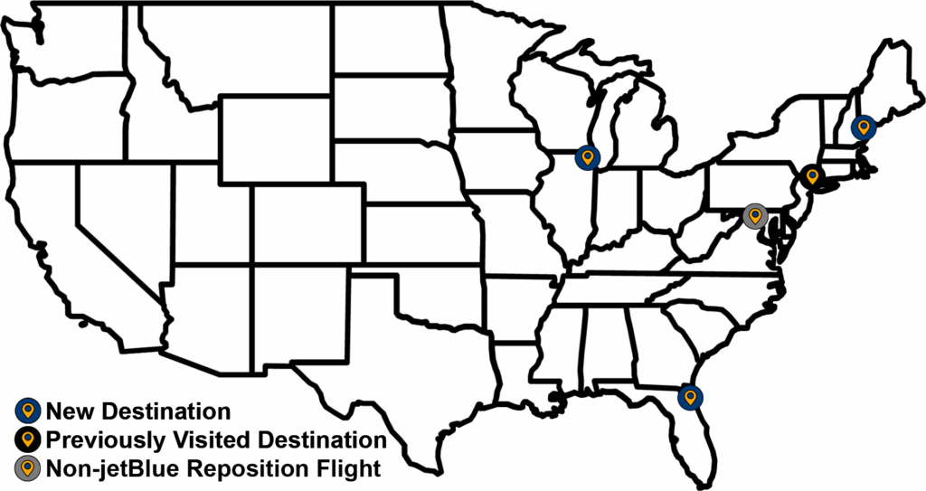 Map of Leg 5 in jetBlue 25 for 25 challenge showing 3 destinations over 2 days