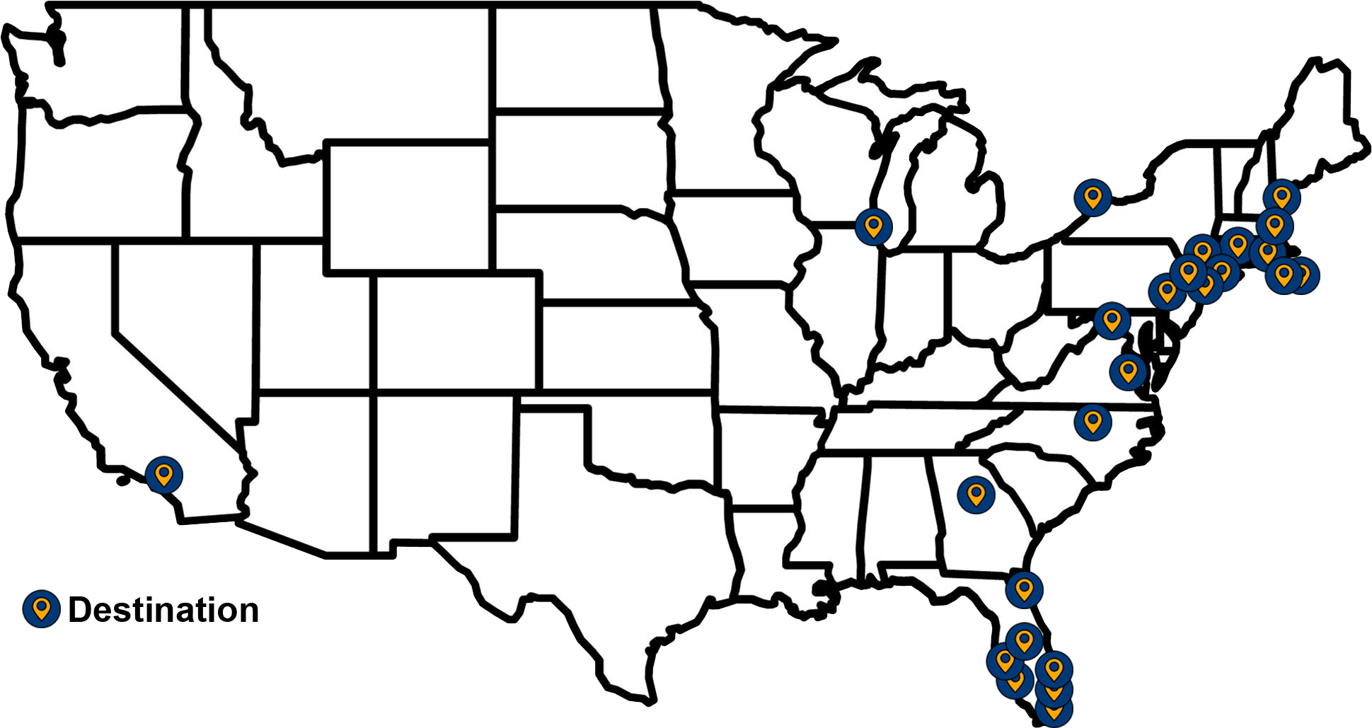 Map of all 25 jetBlue destinations visited during my 25 for 25 challenge, with pins for each city