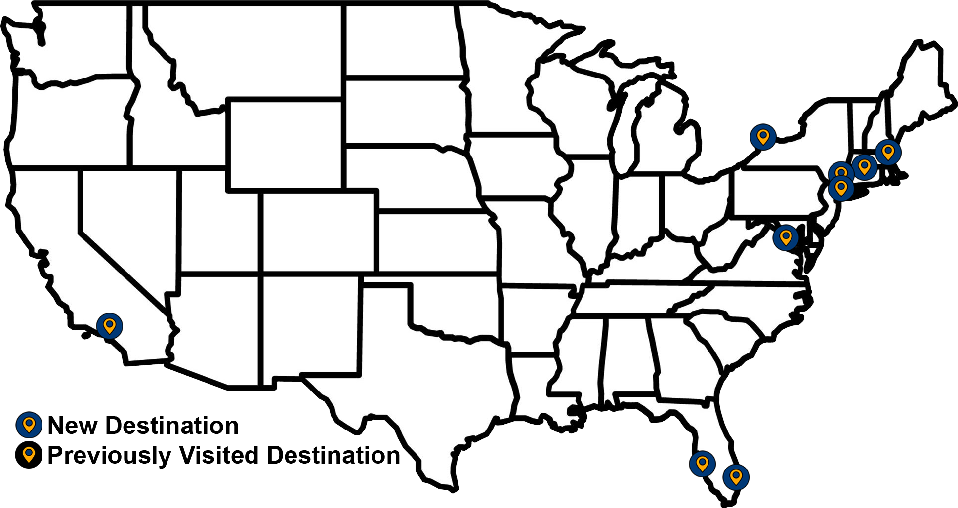 Map of Leg 1 in jetBlue 25 for 25 challenge showing 8 destinations over 3 days